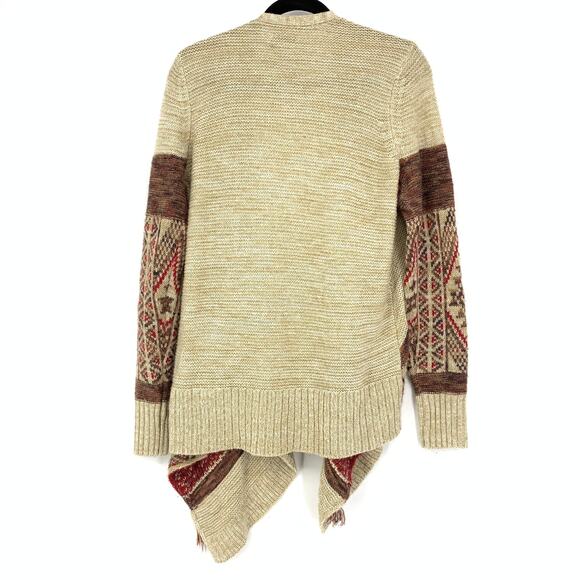 Lucky Brand Women's Size Medium Waterfall Front Cardigan Sweater Beige Red Print - Picture 2 of 6